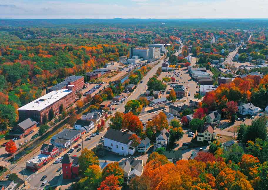 Aerial image of the town of Somersworth, NH in the fall.