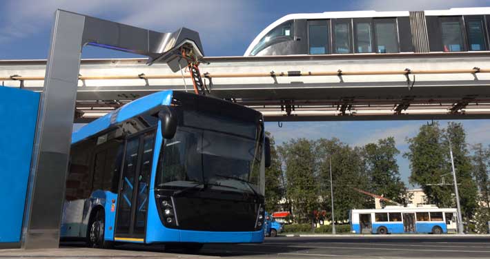 A blue electric bus