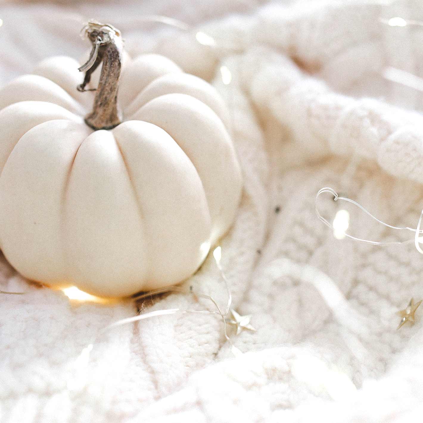 white pumpkin on white blanket with twinkle lights