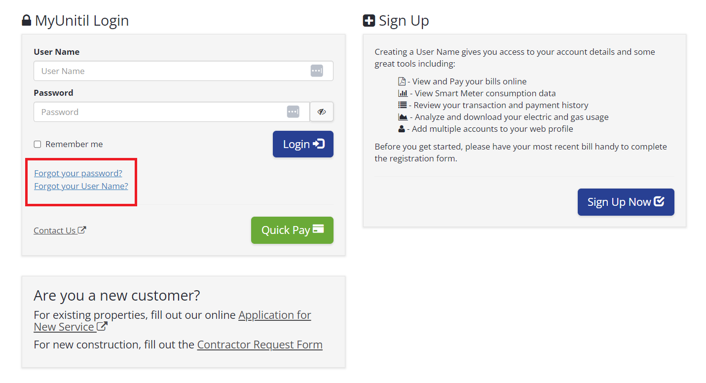 screenshot of MyUnitil landing page