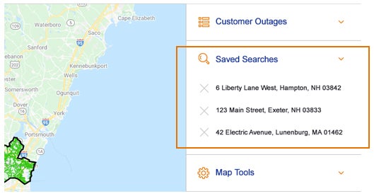 outage map with saved searches in the right hand bar