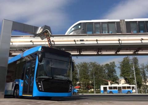 A blue electric bus